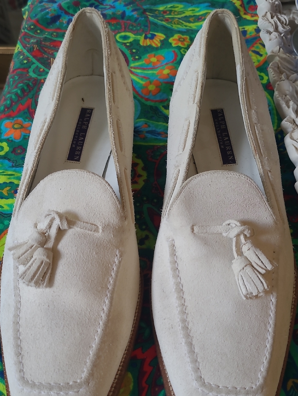 Ralph Lauren Cream Suede Tassel Loafers